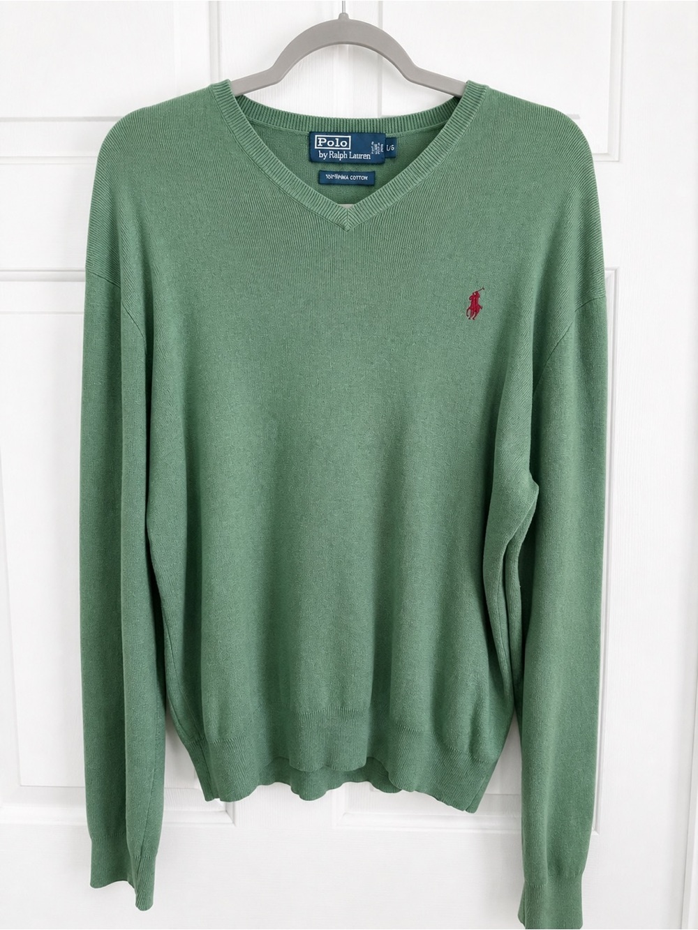 Polo Ralph Lauren Men’s V-Neck Sweater Green Pima Cotton Classic Logo Preppy